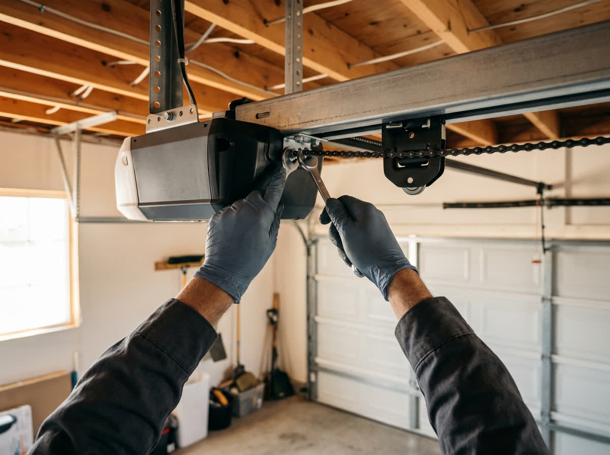Garage door opener rail and motor being adjusted