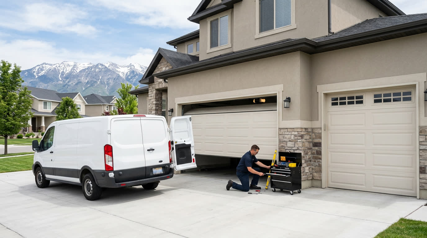 Garage door service van at a Salt Lake City style home