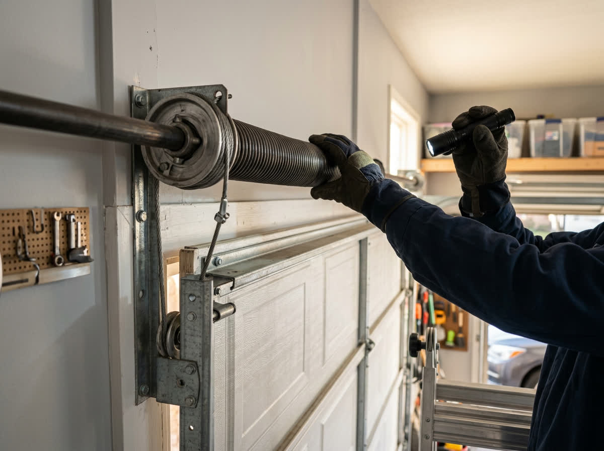 Garage door torsion spring being inspected
